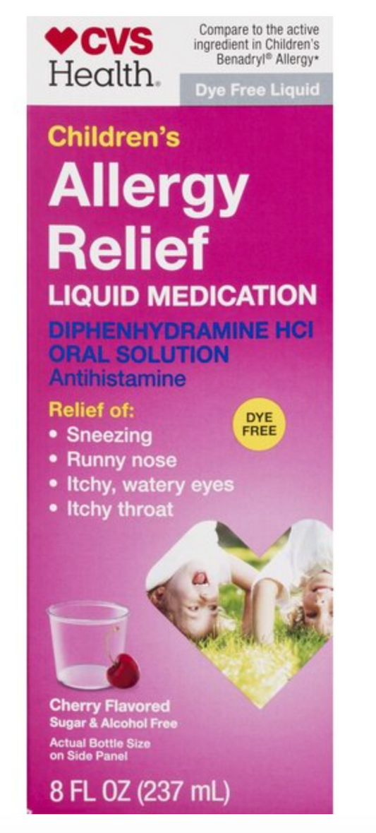 VS Children's Allergy Relief Liquid Dye Free Diphenhydramine HCl Oral Antihistamine, Cherry, 8 OZ - Expired 09/2026