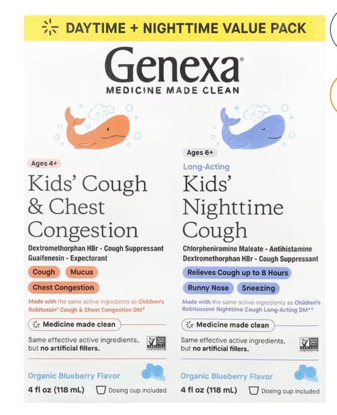 Genexa, Kids' Cough & Chest Congestion Ages 4+, Kids' Nighttime Cough Ages 6+, Organic Blueberry, 2 Pack, 4 fl oz (118 ml) Each - Expires 12/2025