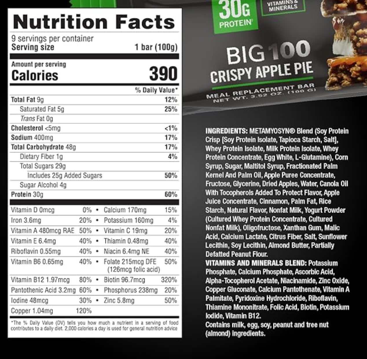 MET-Rx Big 100 Colossal Protein Bars, Crispy Apple Pie Meal Replacement Bar - Expired Sept 19 2025