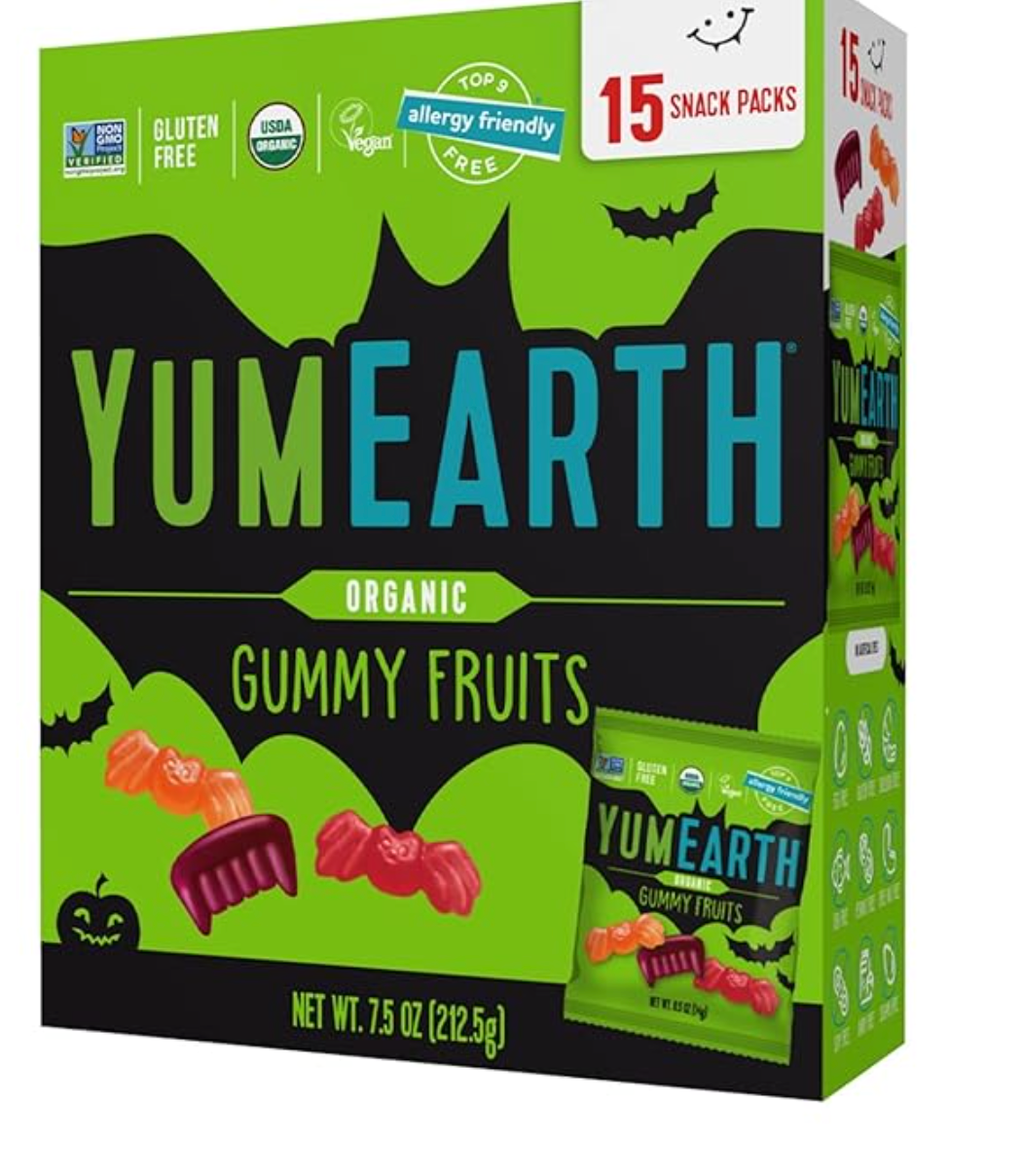 YumEarth Organic Halloween Gummy Fruits - Fruity Candy Snack Packs, Gluten Free Snacks for Kids - Allergy Friendly, Non-GMO, No Artificial Dyes - Assorted Flavors, 7.5 oz (Pack of 15)