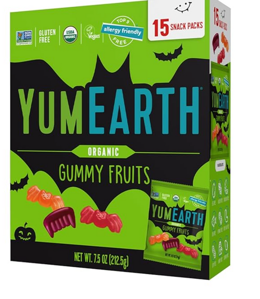 YumEarth Organic Halloween Gummy Fruits - Fruity Candy Snack Packs, Gluten Free Snacks for Kids - Allergy Friendly, Non-GMO, No Artificial Dyes - Assorted Flavors, 7.5 oz (Pack of 15)