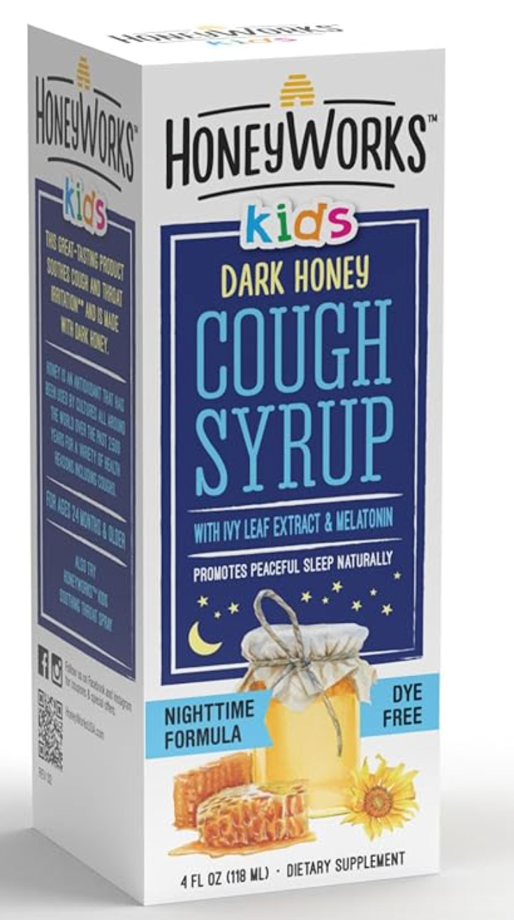 HoneyWorks Nighttime Cough Syrup for Kids with Organic Honey, 4 Oz, Helps Soothe Cough, Throat Irritation with Dark Honey, Ivy Leaf Extract, Melatonin - Expires 07/2026