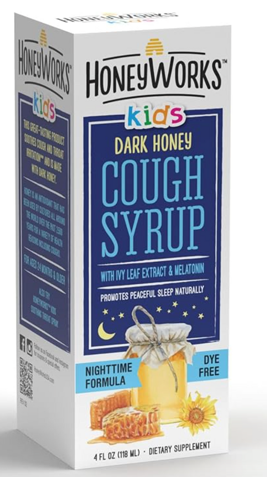 HoneyWorks Nighttime Cough Syrup for Kids with Organic Honey, 4 Oz, Helps Soothe Cough, Throat Irritation with Dark Honey, Ivy Leaf Extract, Melatonin - Expires 07/2026