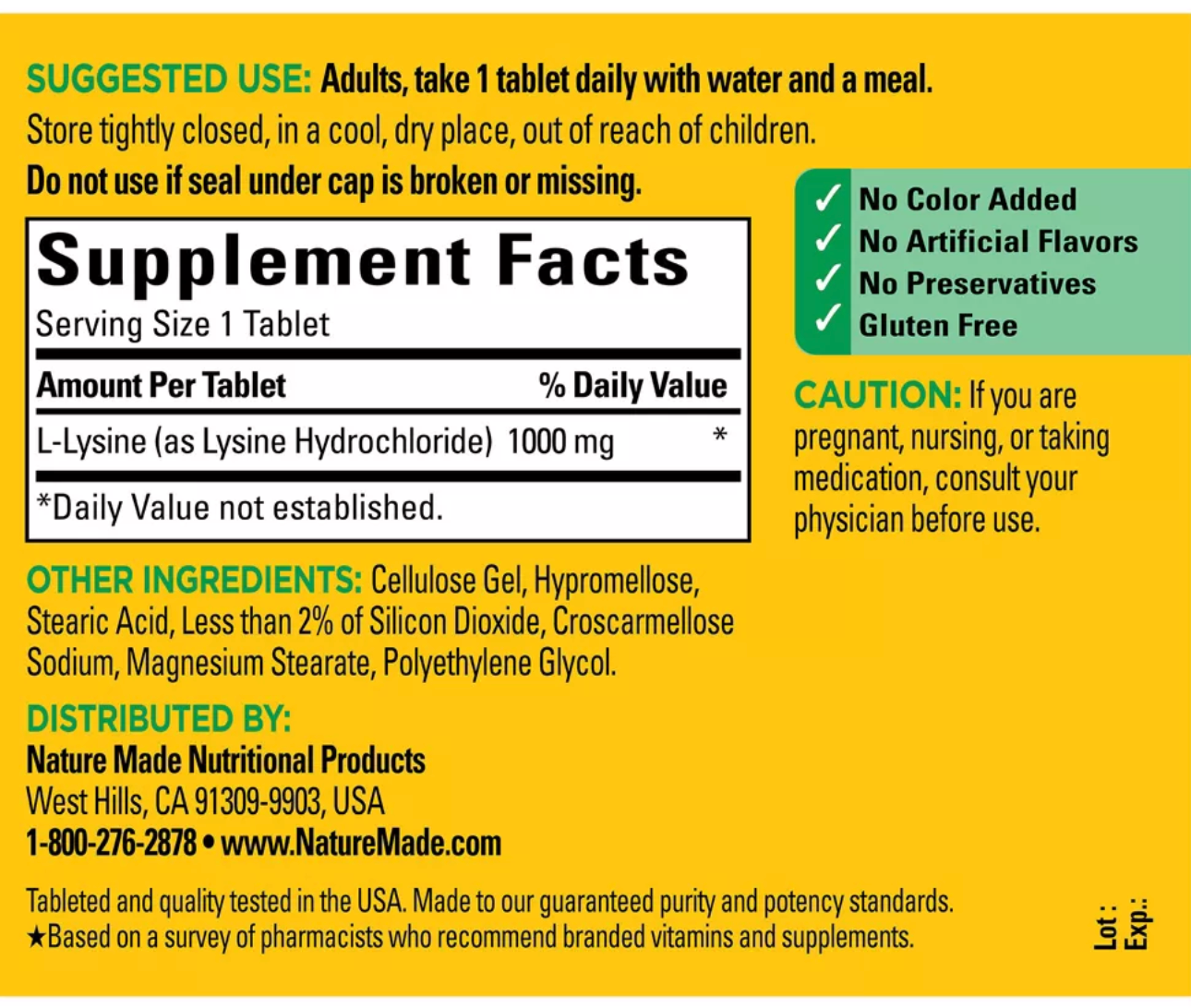 Nature Made Extra Strength L - Lysine 1000 mg Tablets - 60ct - Expires March 2029
