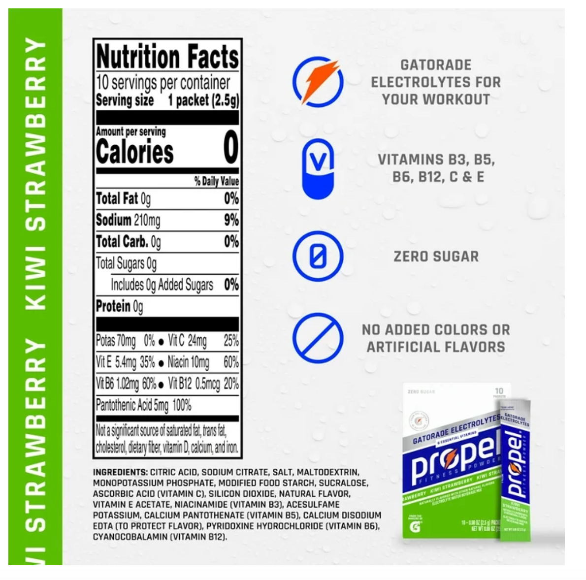 Propel Electrolyte Enhanced Water Drink Mix Powder Packets, Kiwi Strawberry, Zero Calorie & Zero Sugar Hydration with Electrolytes and Vitamins C & E, (10 Packets)