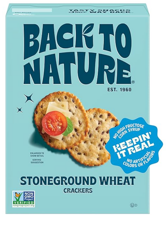 Back to Nature Stoneground Wheat Crackers, Non-GMO, Plant-Based Snack Cracker, Made with Whole Grains & Flax Seed, Snack Happy, 5oz Box