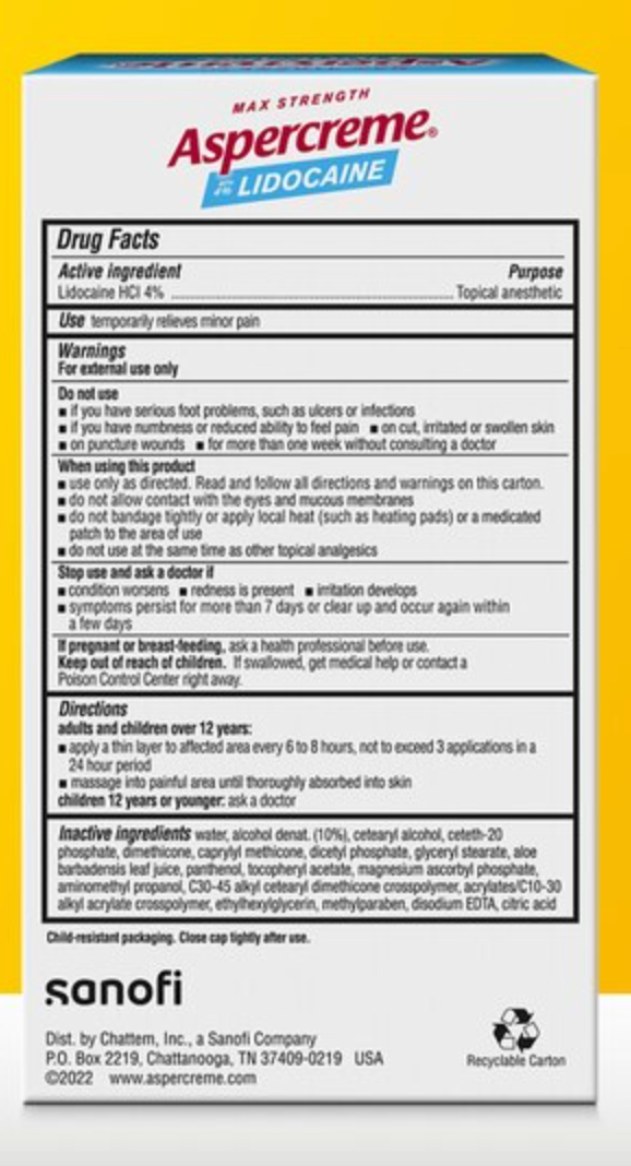 Aspercreme Diabetic Lidocaine Foot Pain Cream, 4 OZ