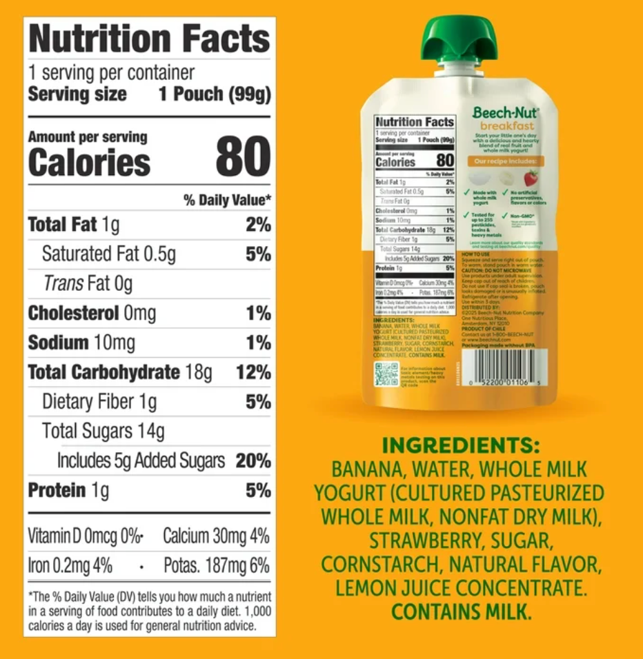 Beech-Nut Breakfast Stage 4 Toddler Food, Yogurt Banana & Strawberry, 3.5 oz Pouch - Expires June 2027