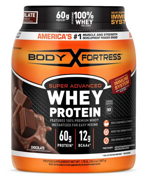Body Fortress Super Advanced Whey Protein Powder, Chocolate, Immune Support , Vitamins C & D plus Zinc, 1.78 lbs - Expired 09/2025