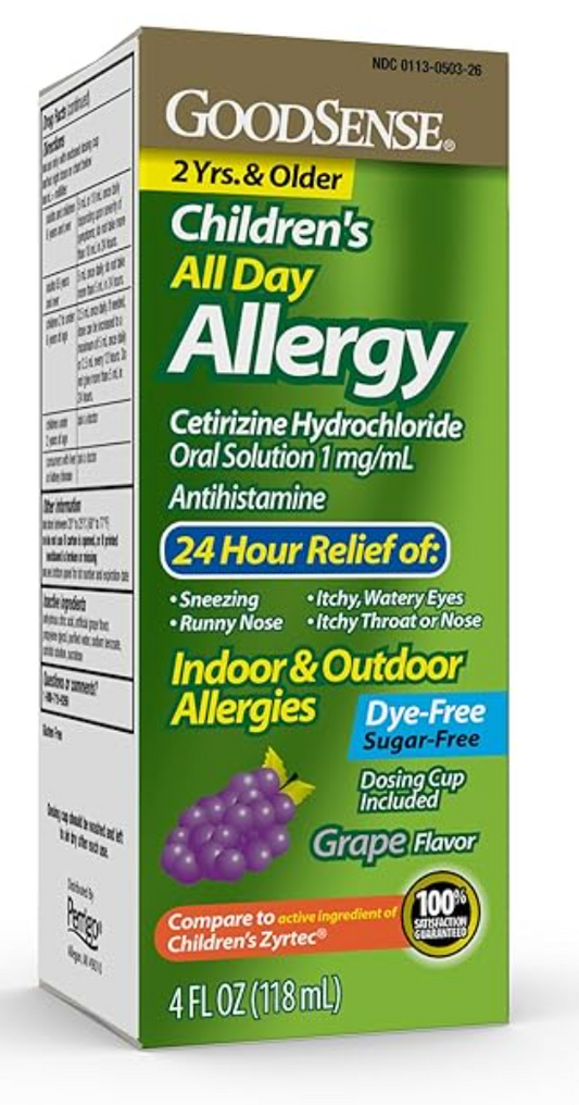 GoodSense Children’s All Day Allergy, Cetirizine Hydrochloride Oral Solution 1 mg/mL, Grape Flavor, 4 Fluid Ounces - expires 02/2027