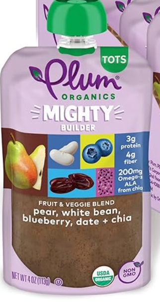 Plum Organics® Mighty Protein & Fiber™ Pear, White Bean, Blueberry Date & Chia Tots Pouch - expires August 28 2026