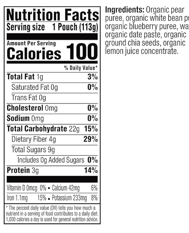 Plum Organics® Mighty Protein & Fiber™ Pear, White Bean, Blueberry Date & Chia Tots Pouch - expires August 28 2026