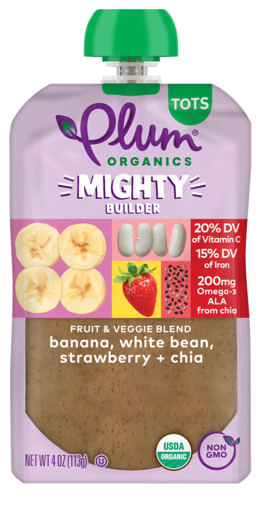 Plum Organics® Tots Mighty Builder Fruit & Veggie Blend Banana, White Bean, Strawberry + Chia 4oz Pouch - expires Sep 10 2026