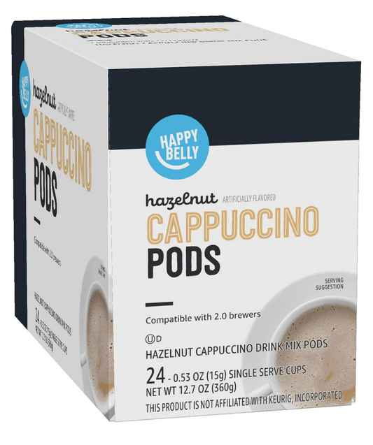 Happy Belly Cappuccino Coffee Pods, Hazelnut Flavored, 24 Count, Compatible with K-Cup malt-inspired, Creamy Tan - expires May 19 2026