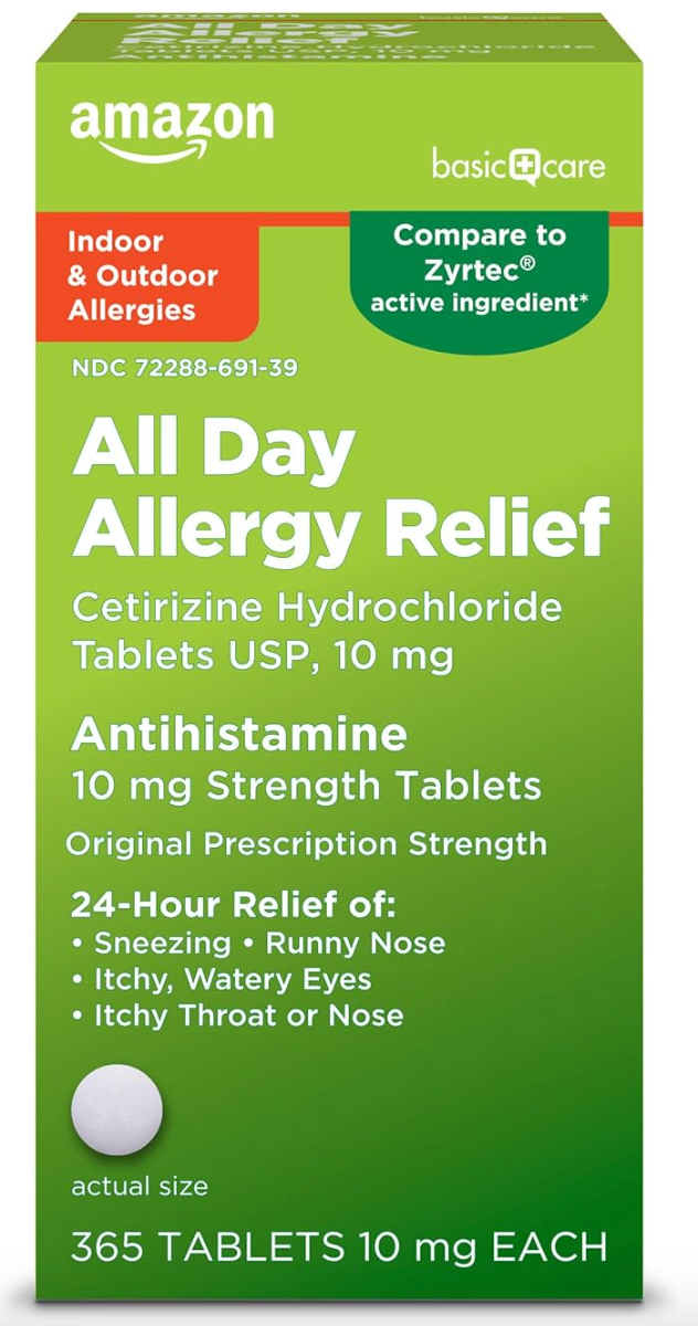 Amazon Basic Care All Day Allergy, Cetirizine Hydrochloride Tablets, 10 mg, 24-Hour Relief for Sneezing, Runny Nose, Itchy Eyes & Throat, Indoor & Outdoor Allergy Relief, 365 Count expires 08/2028