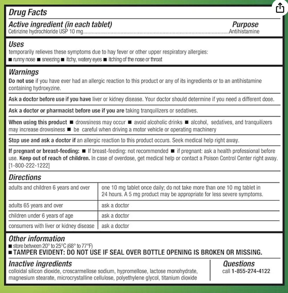 Amazon Basic Care All Day Allergy, Cetirizine Hydrochloride Tablets, 10 mg, 24-Hour Relief for Sneezing, Runny Nose, Itchy Eyes & Throat, Indoor & Outdoor Allergy Relief, 365 Count expires 08/2028