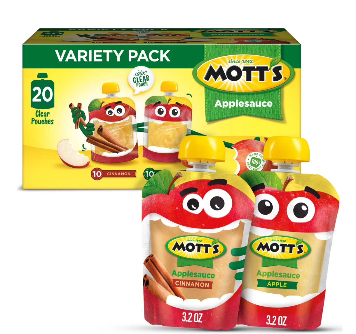Mott's Apple and Cinnamon Applesauce, Variety Pack, 3.2 oz, 20 Count Clear Pouches - expires May 20 2026
