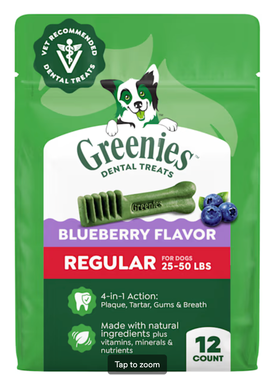 Greenies Blueberry Flavor Regular Size Adult Natural Dental Dog Treats, 12 oz., Count of 12