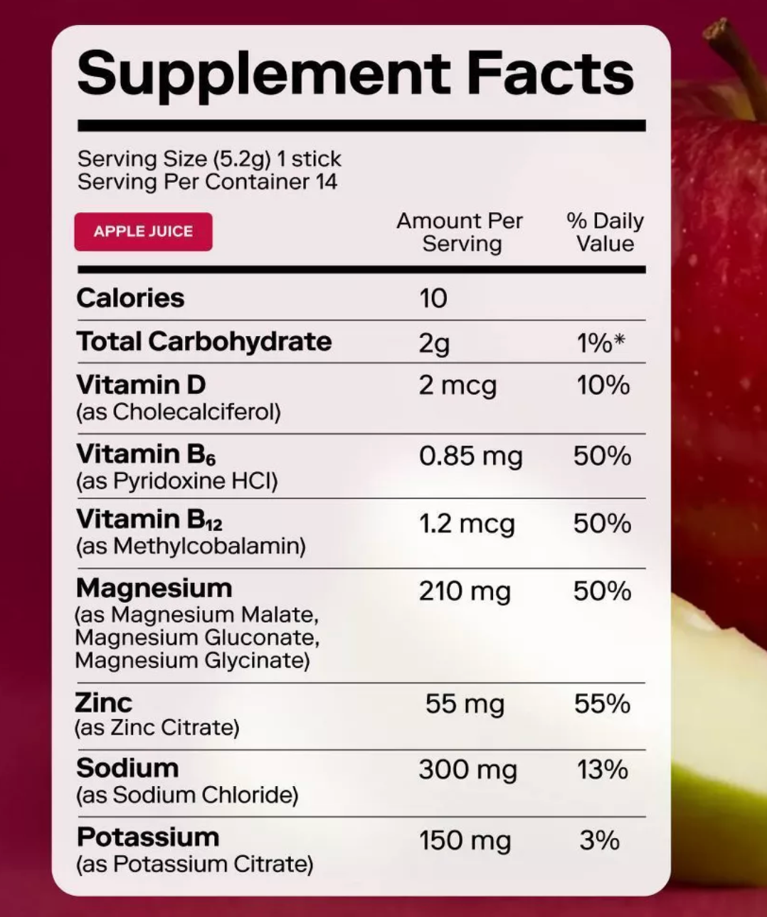 Magna Hydration Electrolyte Mix Stick Pack Dietary Supplement Vegan Powder - Apple Juice - 10ct: Magnesium 210mg, Sugar-Free, Gluten-Free, Non-GMO