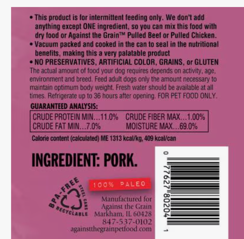 Against the Grain Nothing Else! Pork Recipe Limited Ingredient Diet Wet Dog Food, 11-oz can