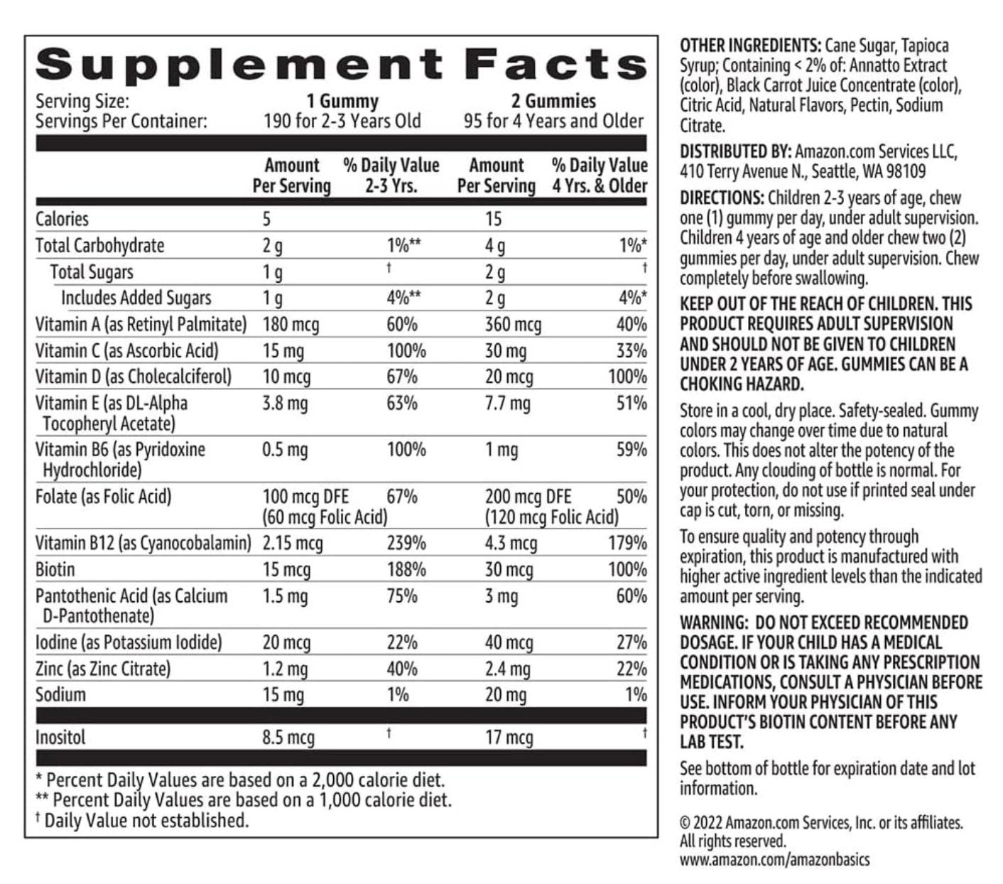 Amazon Basics Kids' Multivitamin Gummies, Cherry, Strawberry & Orange Flavors, 190 Count (Previously Solimo) - exp 07/2027