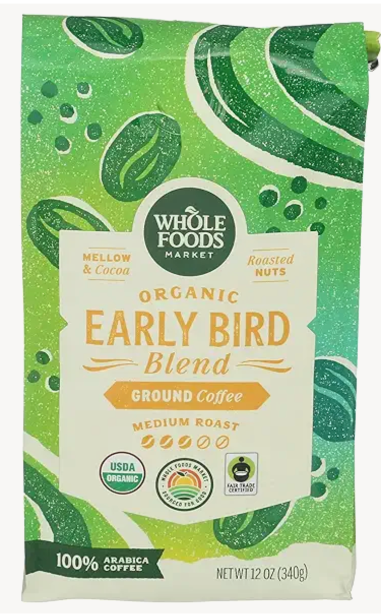 Whole Foods Market, Organic Early Bird Blend, Medium Roast Ground Coffee, Cocoa & Roasted Nuts, 12 Ounce -  expired 5/19/2026