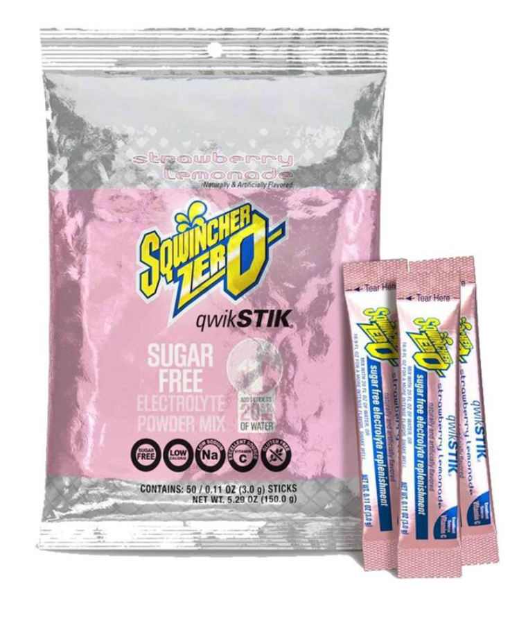 Sqwincher Zero Qwik Stik Electrolytes Replacement Single Serve Strawberry Lemonade Hydration Pack 50 Pieces
