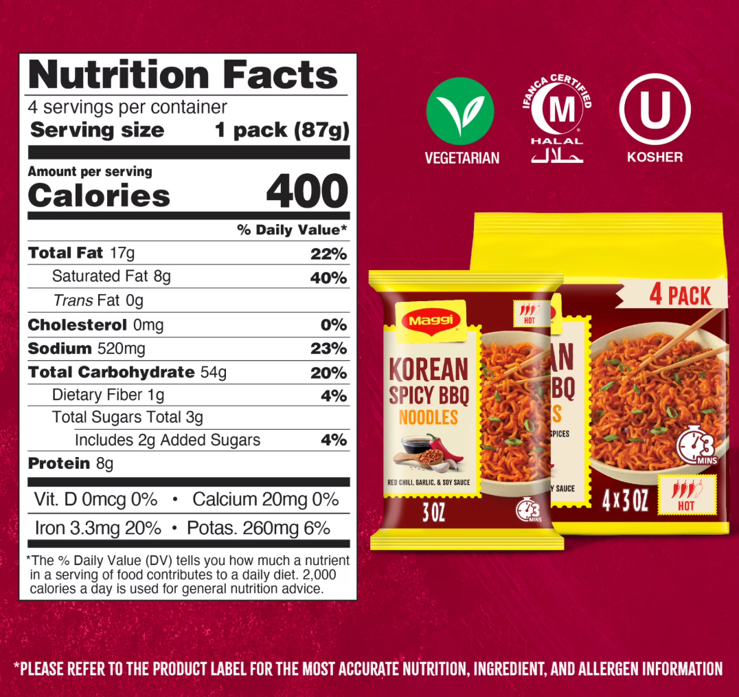 Maggi Korean Spicy BBQ Noodles, Korean Instant Noodles, 3 min, Spicy Ramen