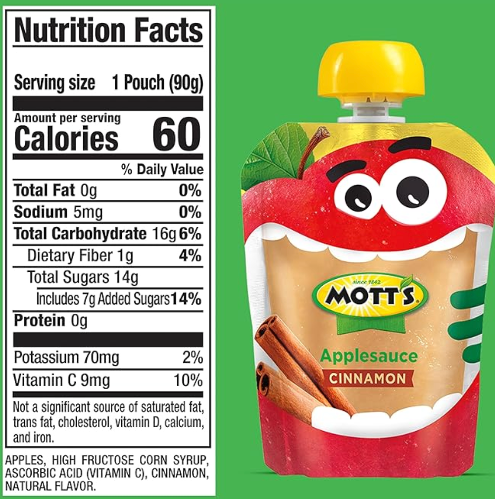 Mott's Cinnamon Applesauce, 3.2 oz clear pouches, 20 pack - expires June 29 2026