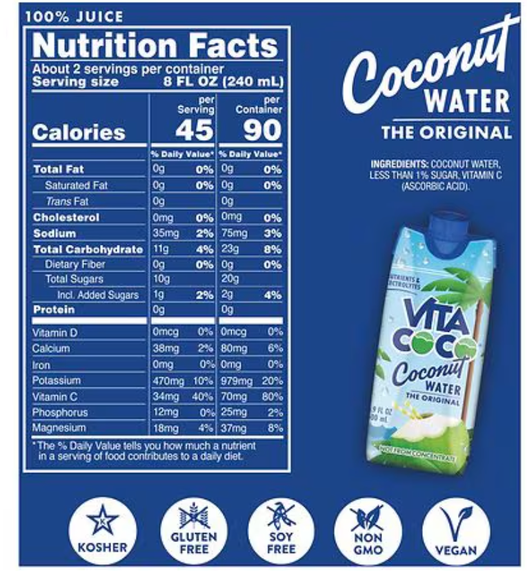 Vita Coco Original Coconut Water Pure, 4 pack, 16.9 oz, 4 pack