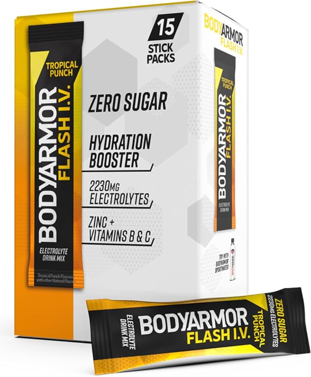 BODYARMOR Flash I.V. Electrolyte Packets, Tropical Punch, Zero Sugar Drink Mix, Single Serve Packs, Coconut Water Powder, Hydration for Workout, Travel Essential, Just Add Sticks to Liquid (15 Count)