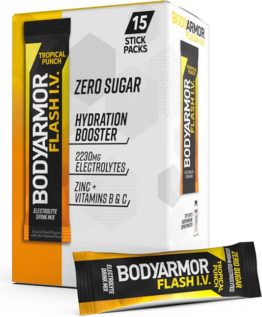 BODYARMOR Flash I.V. Electrolyte Packets, Tropical Punch, Zero Sugar Drink Mix, Single Serve Packs, Coconut Water Powder, Hydration for Workout, Travel Essential, Just Add Sticks to Liquid (15 Count)