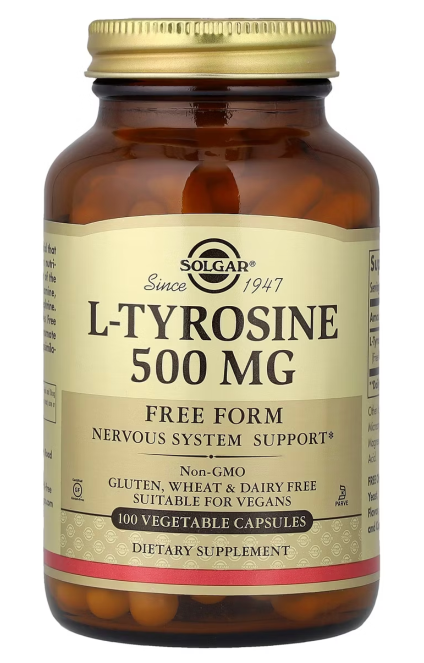 Solgar L-Tyrosine, 500 mg, 100 Vegetable Capsules expires 11/2028