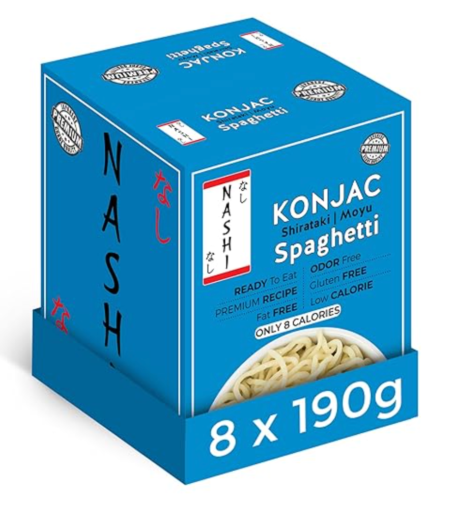 Nashi Shirataki Konjac Spaghetti (8x190g) – Glucomannan Premium Recipe, Keto-Friendly | Low-Calorie, Zero-Carb, Vegan & Gluten-Free, Odour-Free, High Fiber | Ready-to-Eat Food - expires 01/07/2027