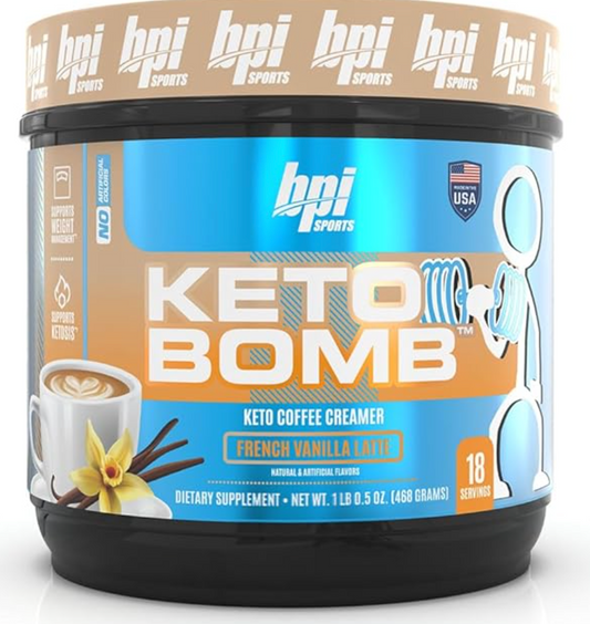 BPI Sports Keto Bomb - Promotes Energy, Hydration and Fat Loss - MCT and Electrolytes - Sugar-Free with Calcium - French Vanilla Latte, 18 Servings - expires 02/2029