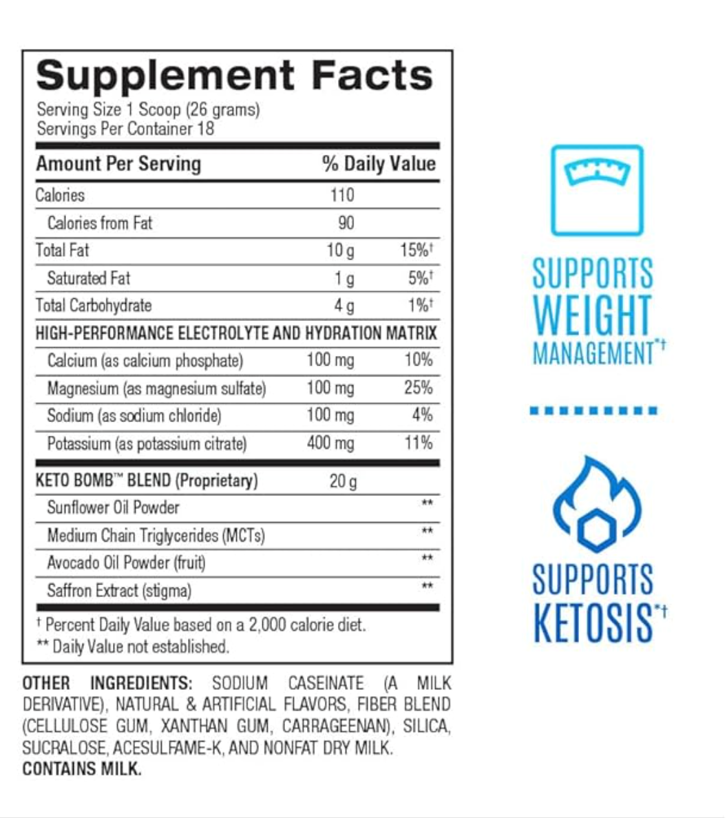 BPI Sports Keto Bomb - Promotes Energy, Hydration and Fat Loss - MCT and Electrolytes - Sugar-Free with Calcium - French Vanilla Latte, 18 Servings - expires 02/2029