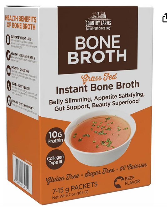 Country Farms Skinny Broth, Instant Beef Bone Broth, 10G Protein, Collagen Type III, Promotes Better Digestion, Bone Health, 7 Day Plan, 7-15g Packets - expires 06/2026