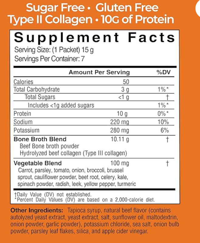 Country Farms Skinny Broth, Instant Beef Bone Broth, 10G Protein, Collagen Type III, Promotes Better Digestion, Bone Health, 7 Day Plan, 7-15g Packets - expires 06/2026