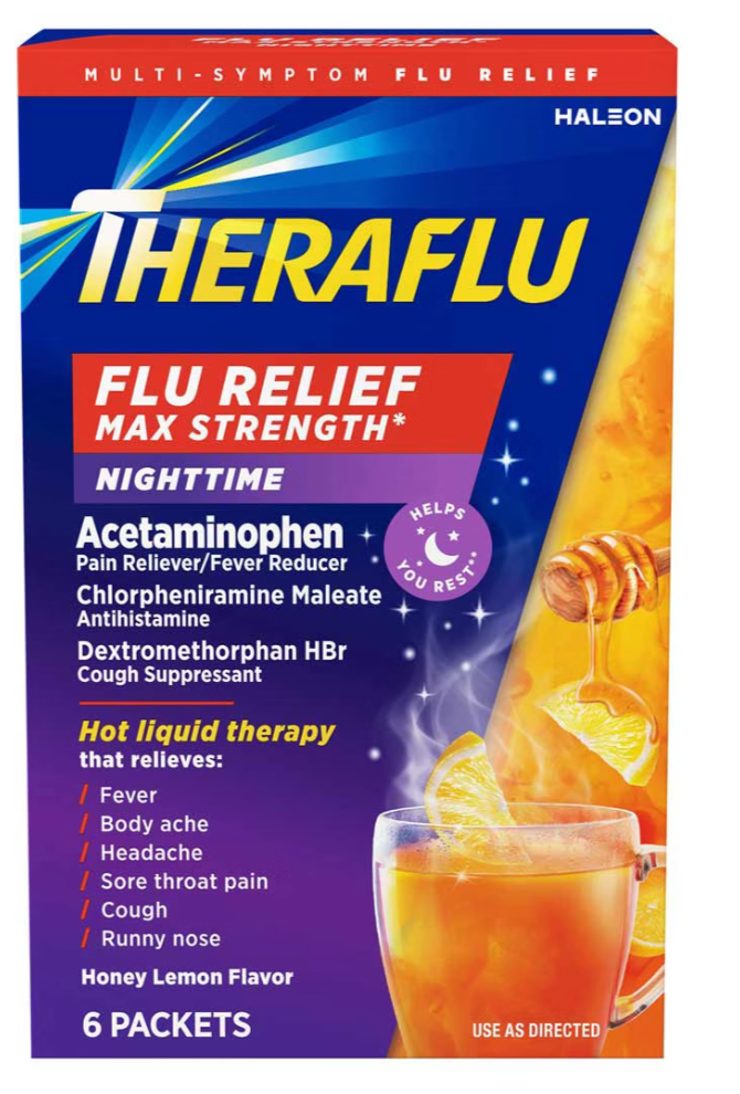 Theraflu Flu Relief Max Strength Nighttime Packets, Honey Lemon Flavor, 6 ct - expires June 2026