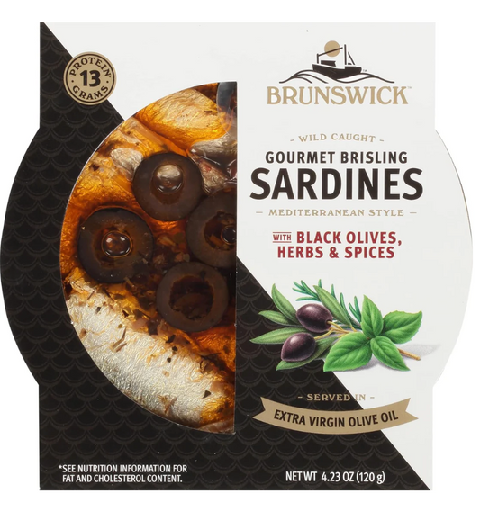 Brunswick Wild Caught Gourmet Brisling Sardines in Olive Oil, 4.23 oz Can, Mediterranean Style with Black Olives, 13g Protein per Serving expires August 2028
