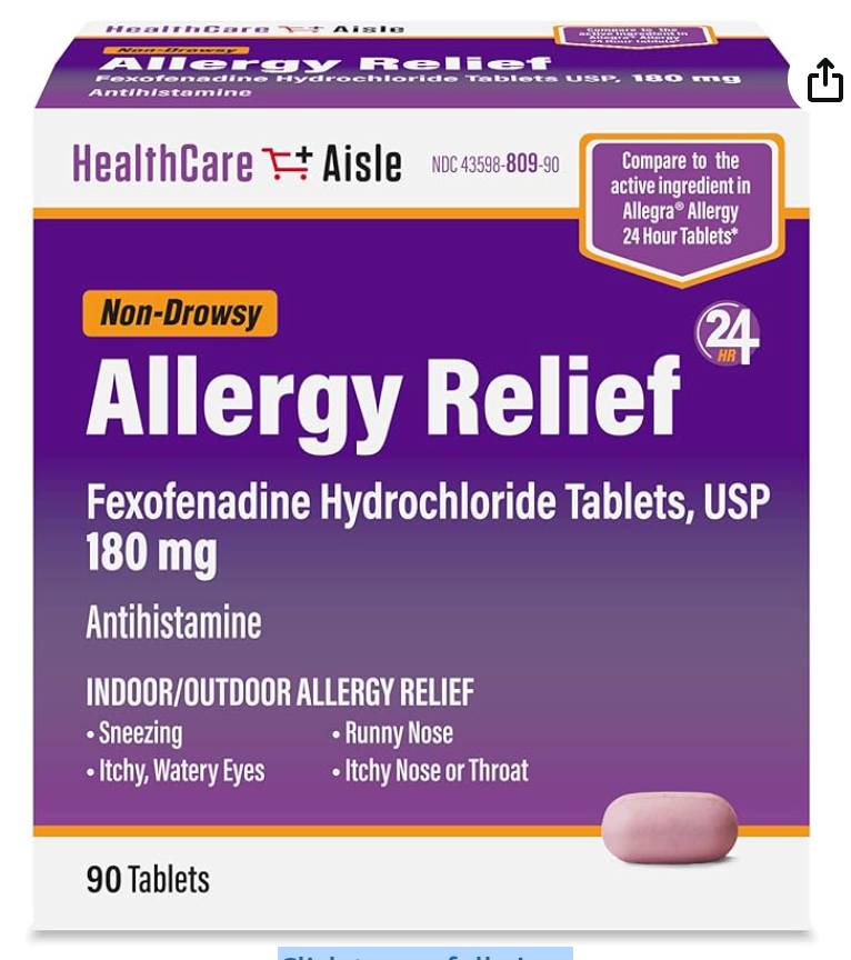 HealthCareAisle Allergy Relief - Fexofenadine Hydrochloride Tablets USP, 180 mg, 90 Tablets, Allergy Medication, Non-Drowsy 24-Hour Relief - expires 10/2026