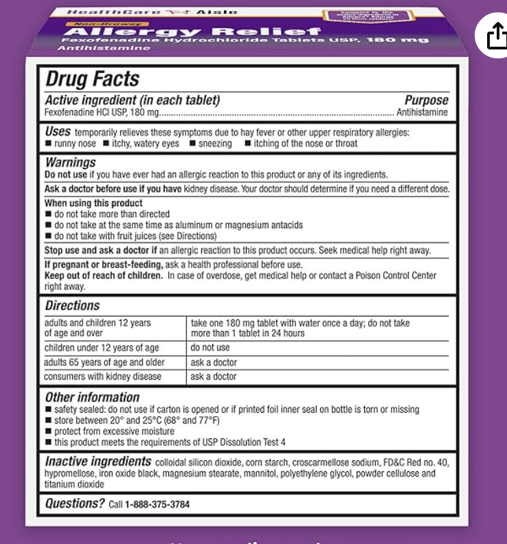 HealthCareAisle Allergy Relief - Fexofenadine Hydrochloride Tablets USP, 180 mg, 90 Tablets, Allergy Medication, Non-Drowsy 24-Hour Relief - expires 10/2026