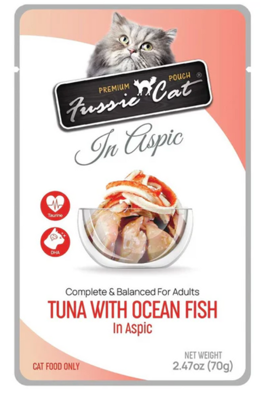 Fussie Cat Premium Tuna with Ocean Fish in Aspic Wet Cat Food, 2.47-oz pouch - expires 10/28/2026