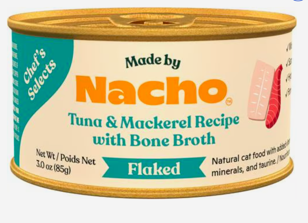 Made by Nacho Flaked Tuna & Mackerel Recipe in Bone Broth Grain-Free Wet Cat Food, 3-oz can