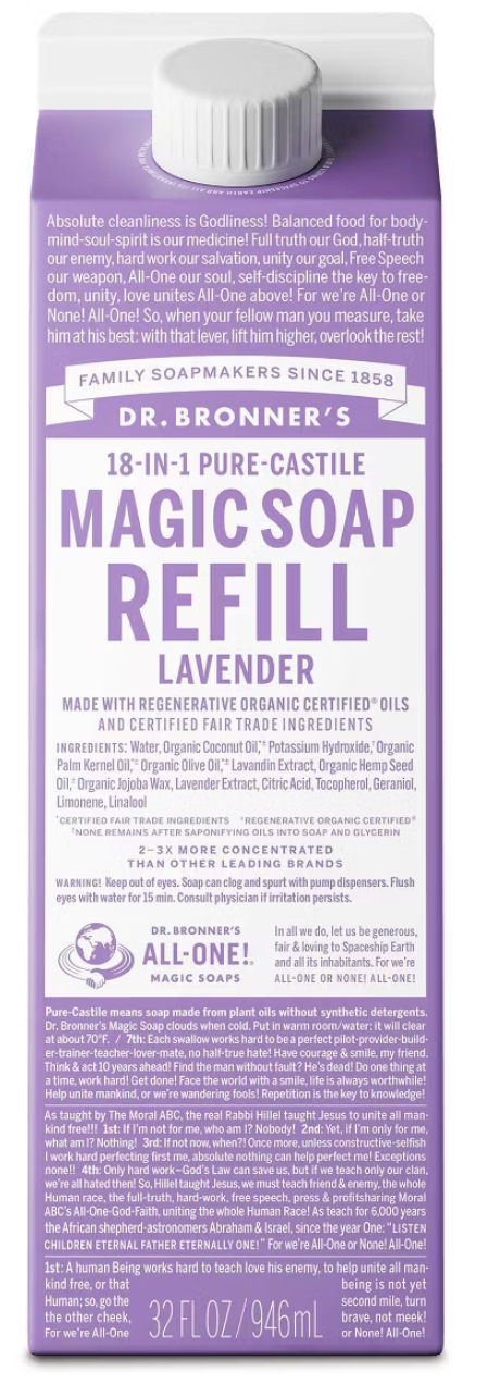 Dr. Bronner's Pure Castile Liquid Soap Bodywash Refill Carton - Lavender - 32 fl oz: Vegan, Non-Toxic, Sensitive Skin