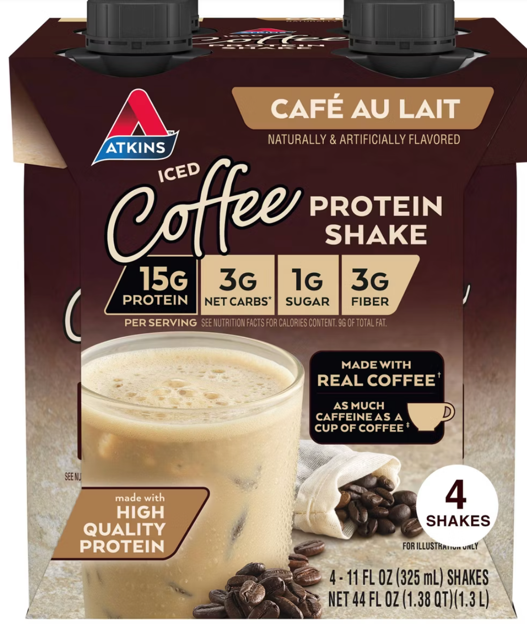 Atkins Café au Lait Iced Coffee Caffeinated Soy Protein Shake - 4pk/44 fl oz - expired 1/10/2026