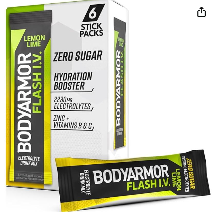 BODYARMOR Flash I.V. Electrolyte Packets, Lemon Lime, Zero Sugar Drink Mix, Single Serve Packs, Coconut Water Powder, Hydration for Workout, Travel Essential, Just Add Sticks to Liquid (6 Count)