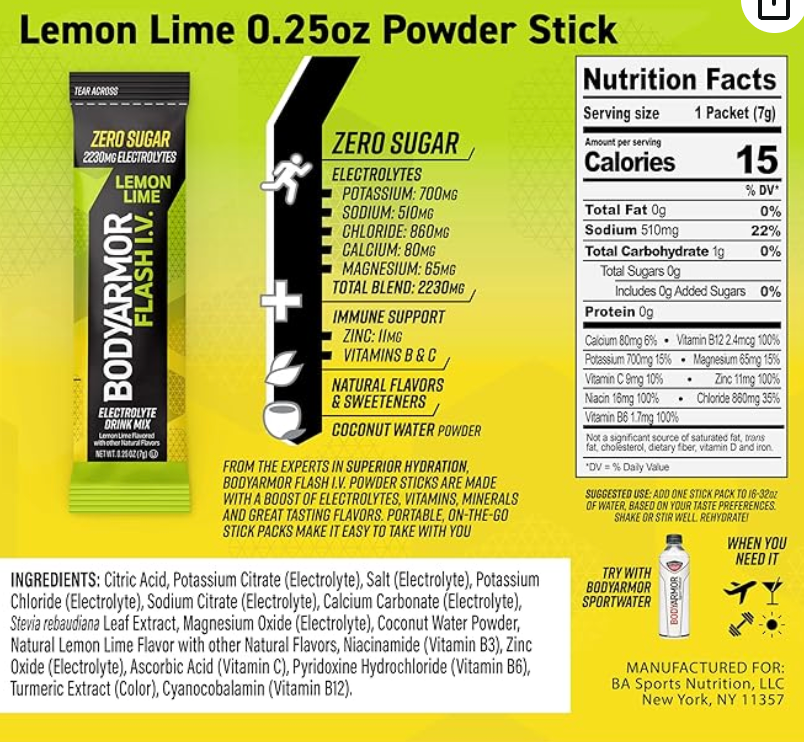 BODYARMOR Flash I.V. Electrolyte Packets, Lemon Lime, Zero Sugar Drink Mix, Single Serve Packs, Coconut Water Powder, Hydration for Workout, Travel Essential, Just Add Sticks to Liquid (6 Count)