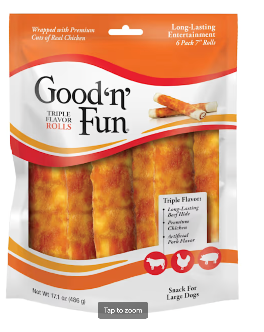 GOOD N' FUN Triple Flavor Rolls Rawhide Chews for Large Dogs, 17.1 oz., Count of 6