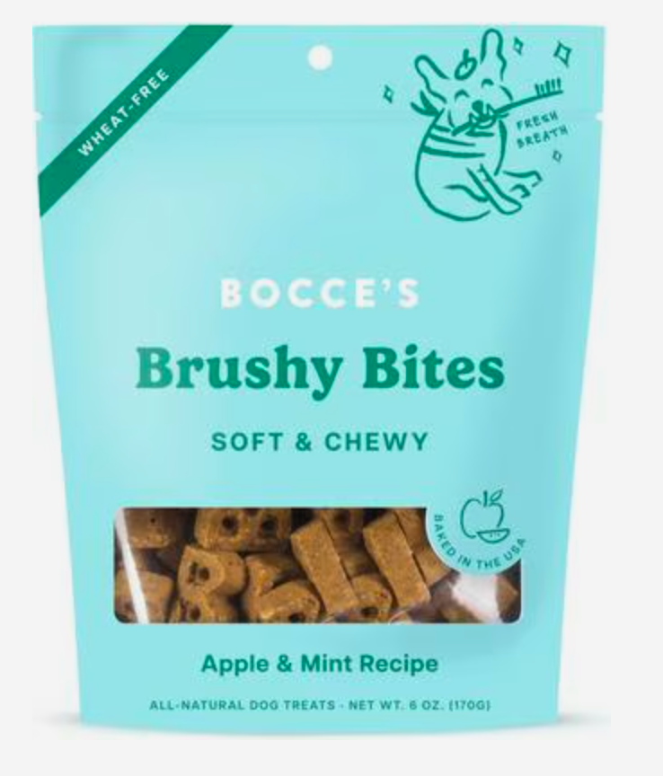 Bocce's Bakery Dailies Brushy Bites Apple + Mint Recipe Dog Treats, 6-oz pouch - expires July 11 2026